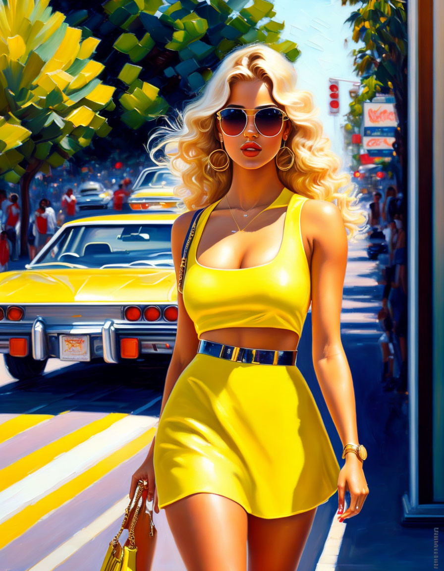 Stylized illustration of woman in yellow outfit on sunny city street