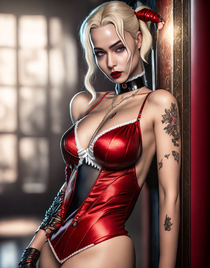 Woman in Red Corset with Devil Horns and Tattoos Poses by Window