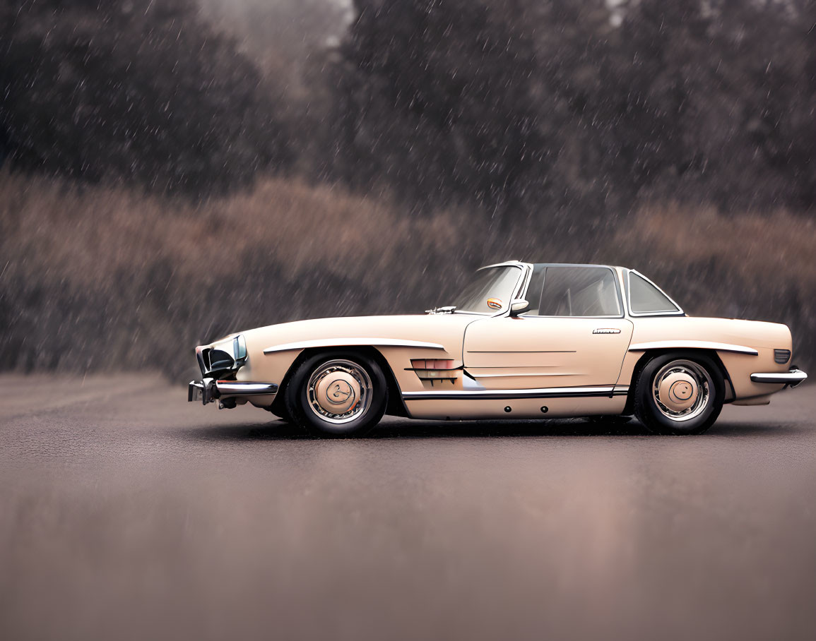 Vintage Beige Car Parked in Light Snow on Wet Road