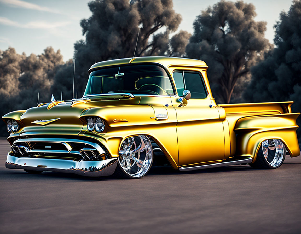 Custom Yellow Pickup Truck with Lowered Suspension and Chrome Wheels in Serene Outdoor Setting