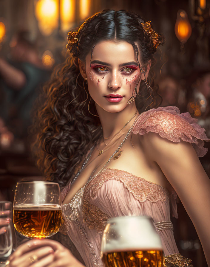 Elaborate eye makeup woman with curly hair and vintage pink dress in dimly lit bar