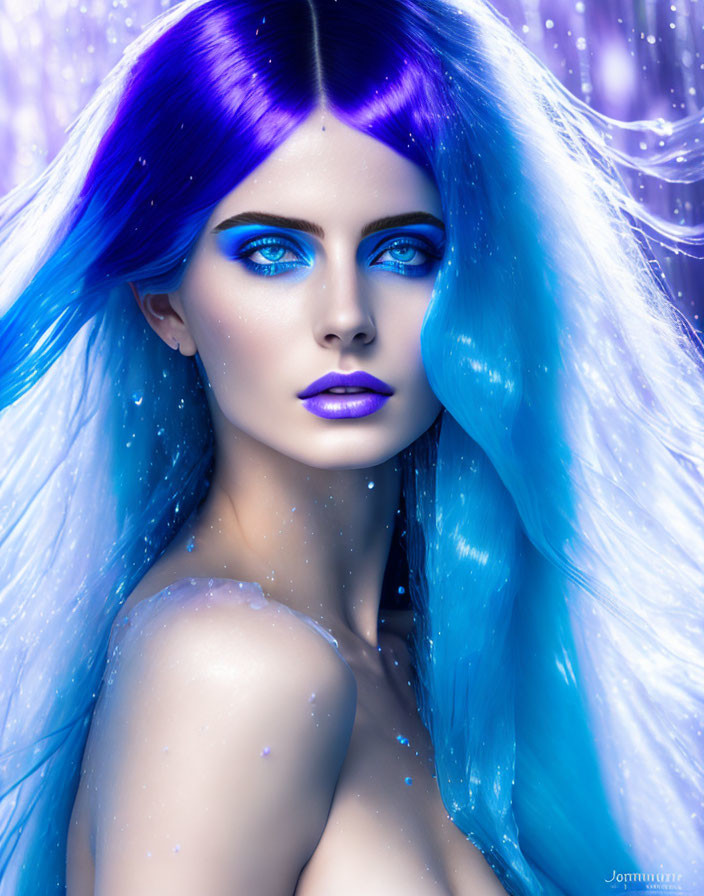 Vibrant Blue Hair Portrait with Matching Makeup and Shimmering Backdrop