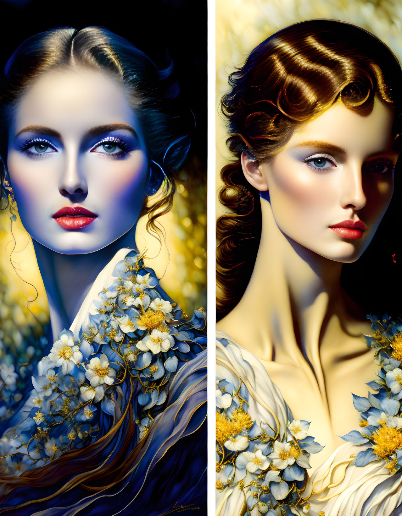 Portrait of two women with glamorous makeup and yellow flower adornments in contrasting color schemes.