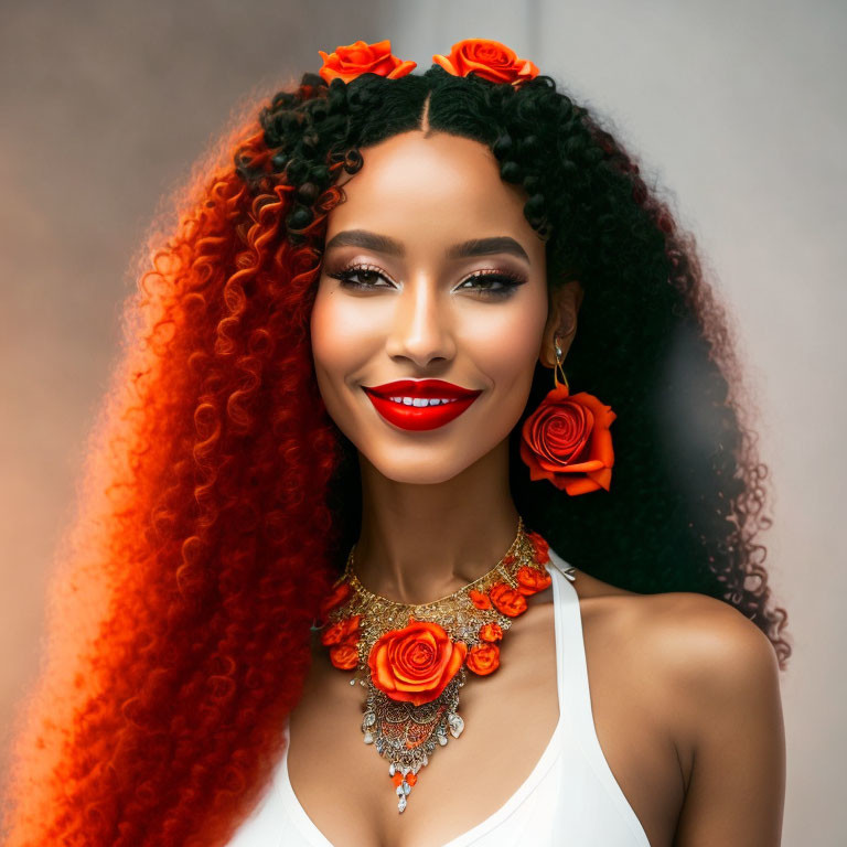 Voluminous ombre curls with rose accessories and red lipstick