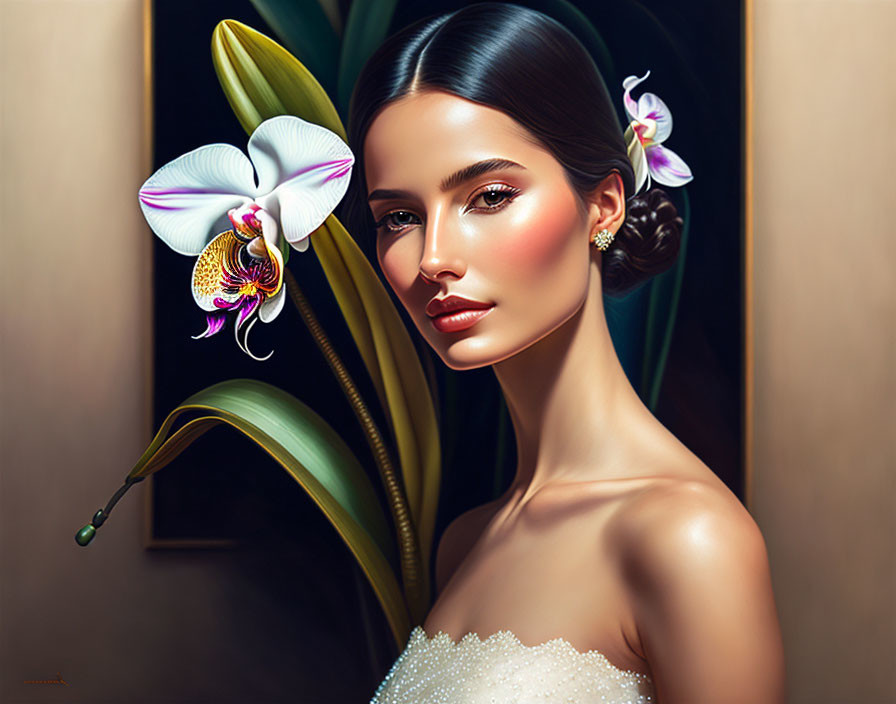 Woman with glowing skin in white dress beside orchid flower