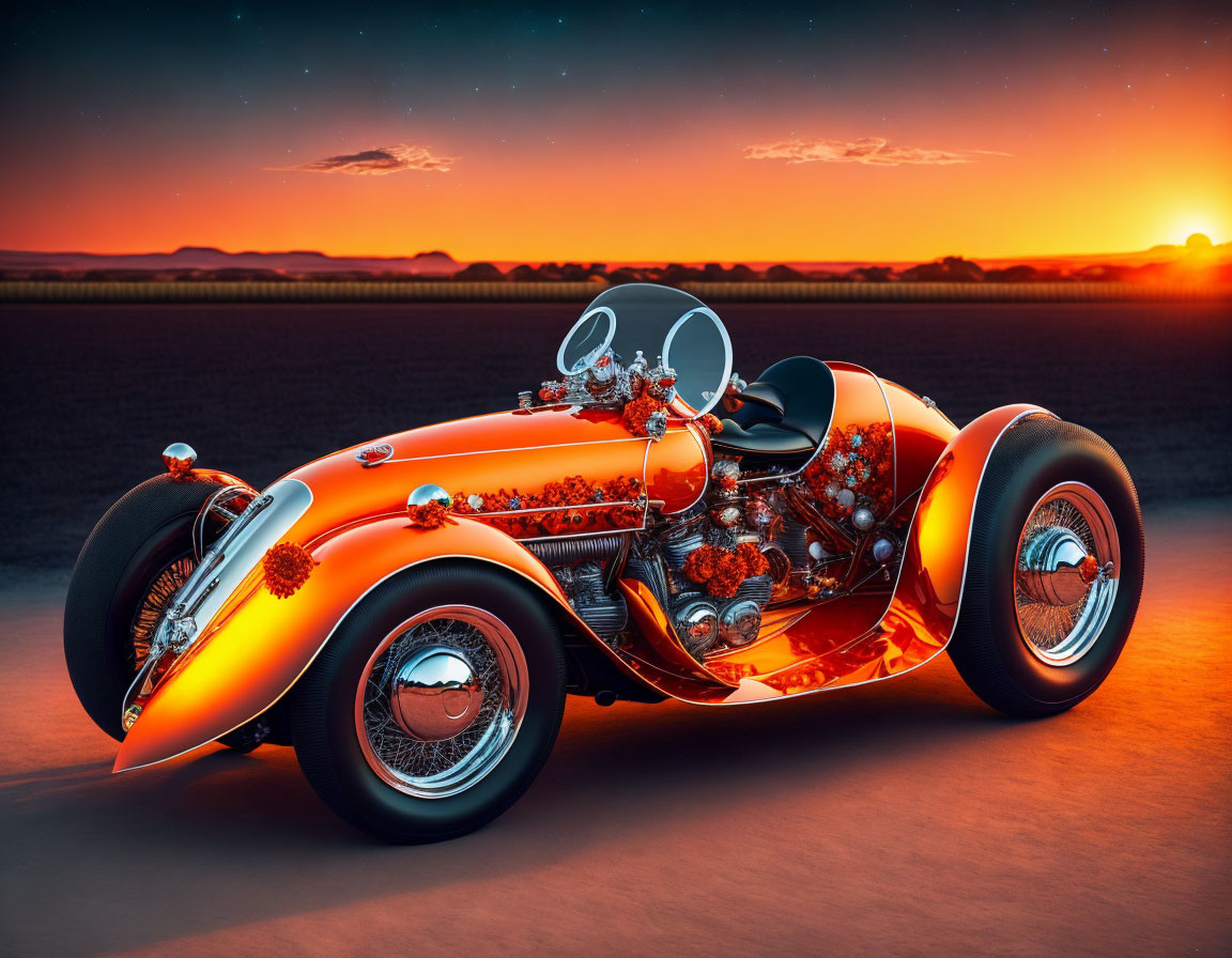 Shiny red hot rod with chrome details on open road at sunset