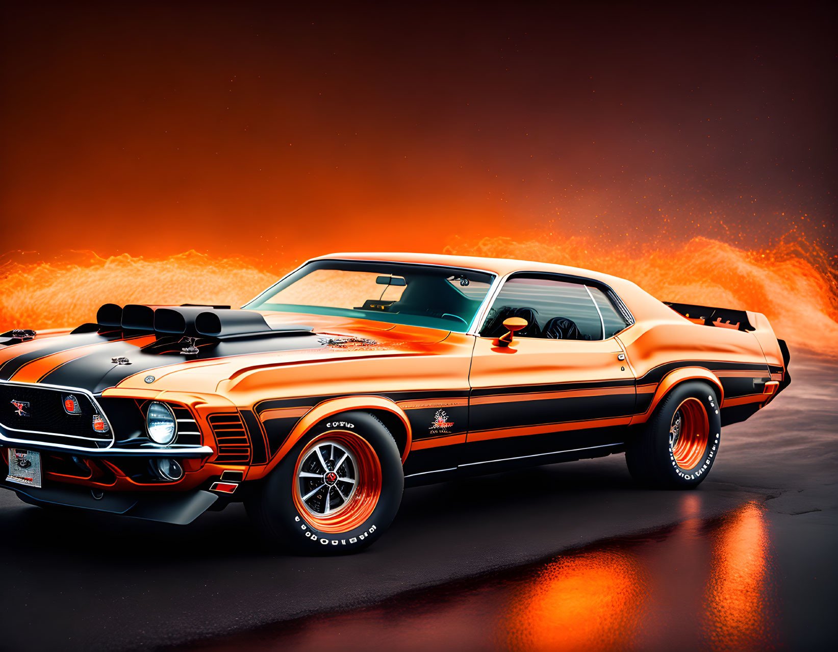 Vintage Muscle Car with Racing Stripes and Blower on Fiery Background