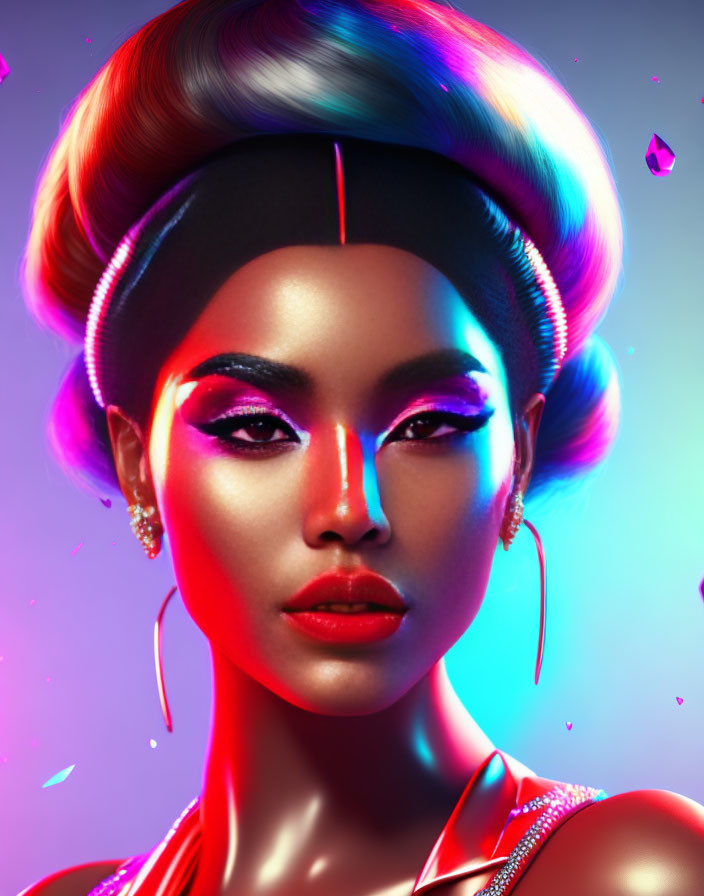 Vibrant rainbow hair portrait with neon makeup and glowing earrings