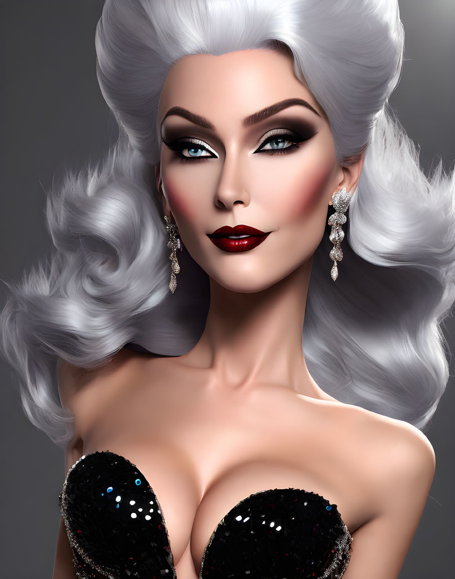 Glamorous woman with silver hair and bold makeup in black attire