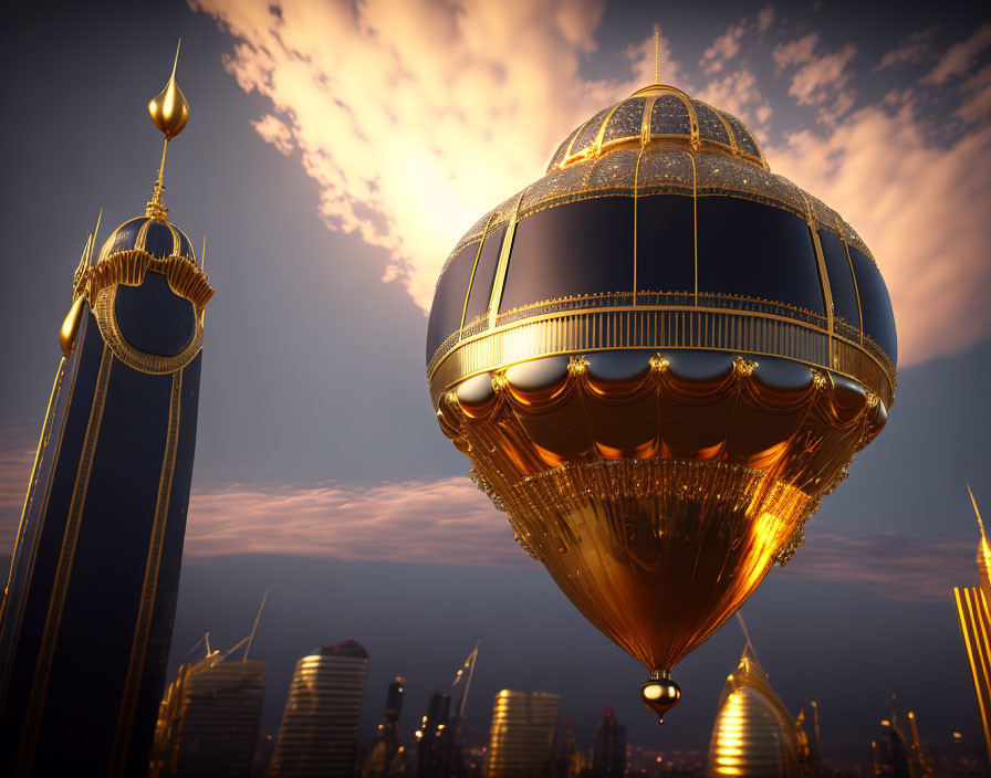 Golden airship and crescent spire in fantasy cityscape at sunset