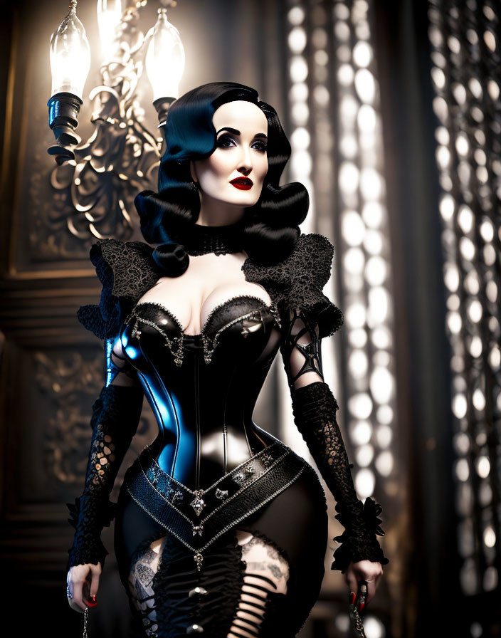 Elaborate gothic corset outfit on woman in ornate room