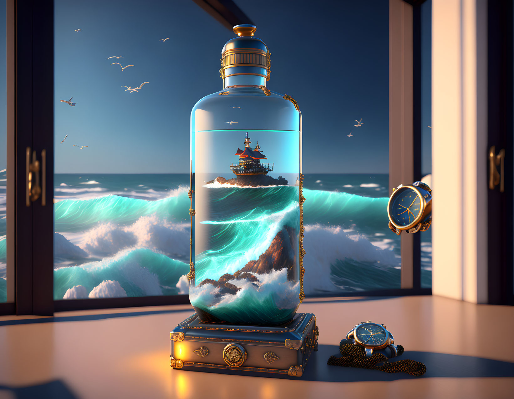 Ship in Bottle on Pedestal with Sea, Birds, Compass at Twilight