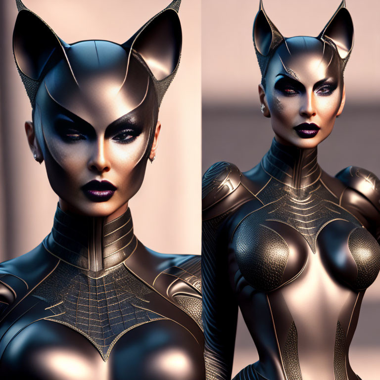 Stylized portrait of woman in black catsuit with cat ears and futuristic makeup