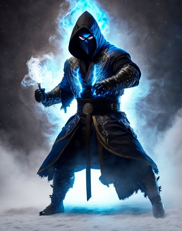 Hooded figure in dark costume with blue glowing accents controls lightning in cosmic setting