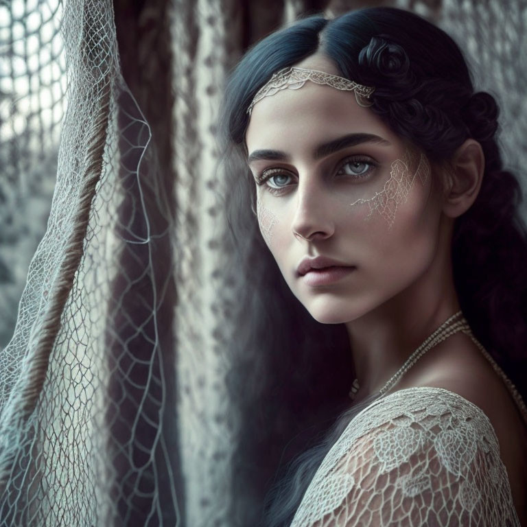 Dark-haired woman in lace and headpiece gazes through sheer curtain