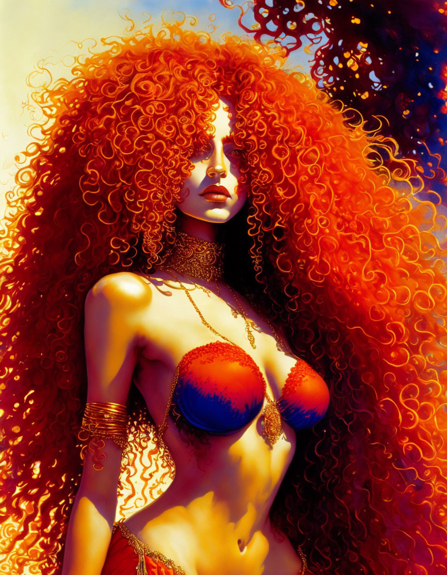 Voluminous fiery red curls on woman in red outfit and exotic jewelry