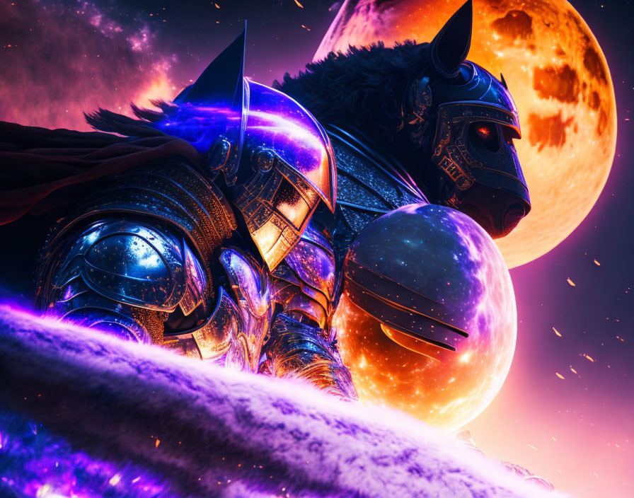 Futuristic knight in reflective armor against cosmic backdrop