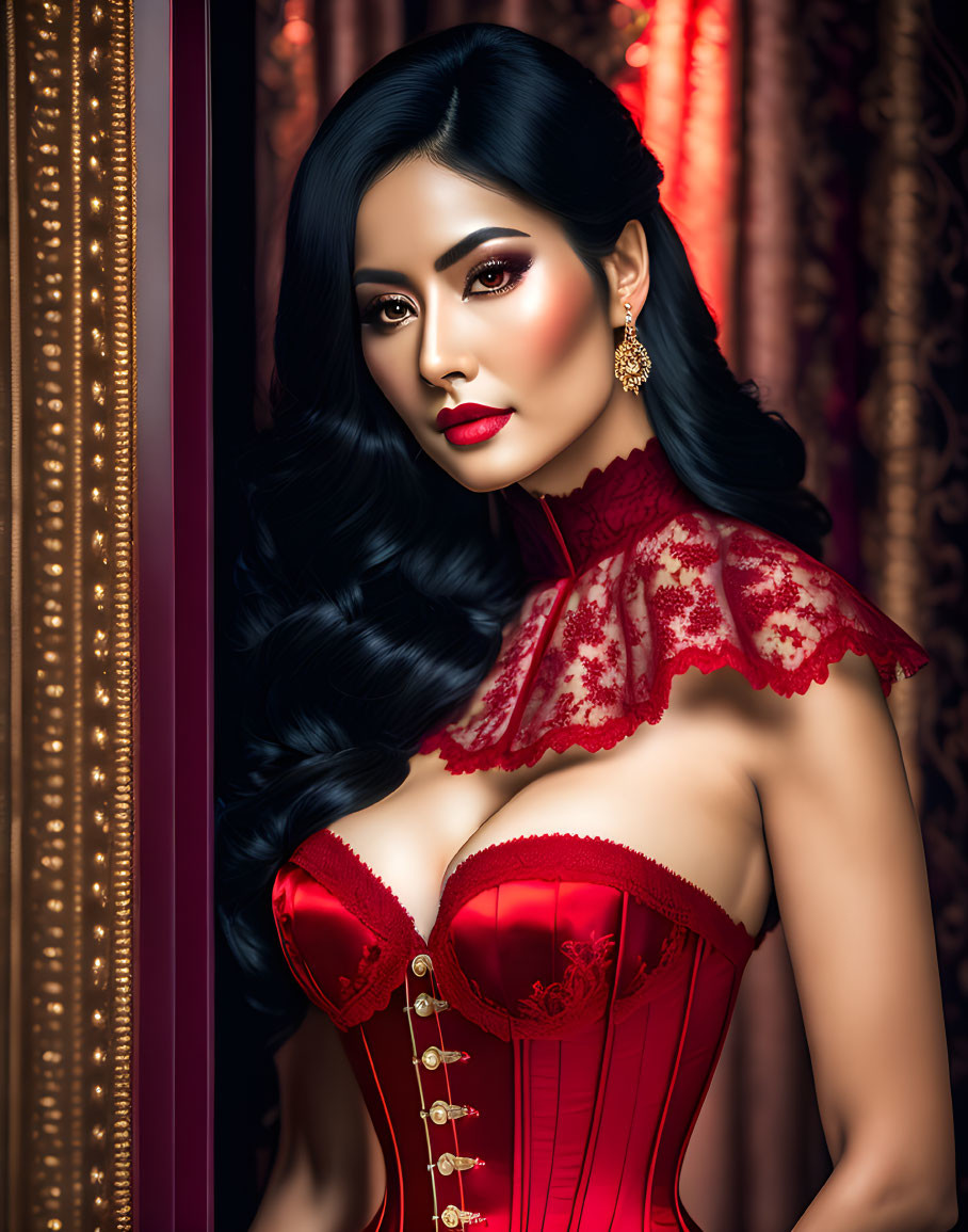 Long-haired woman in red corset poses elegantly against curtain backdrop