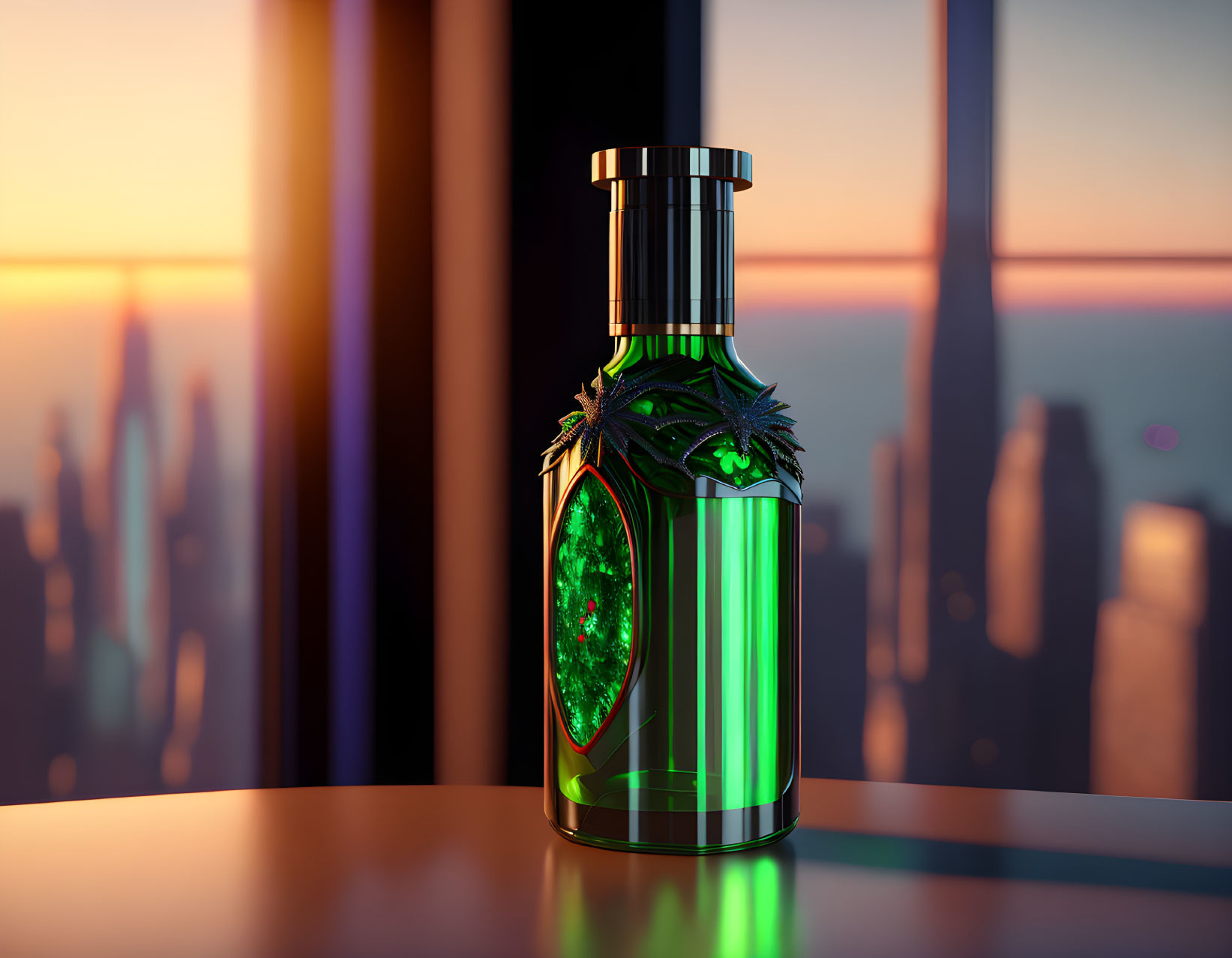 Futuristic glowing green potion bottle with dragon-like adornments amid cityscape at dawn