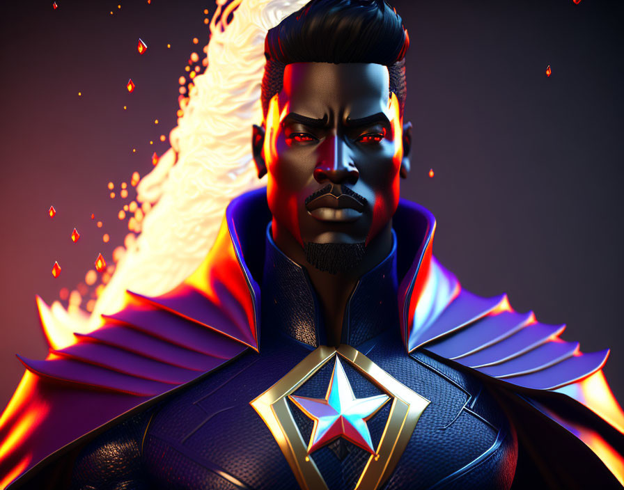 Superhero with fiery aura in blue suit and red cape, 3D-rendered.