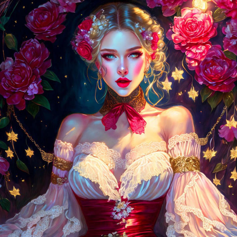 Blue-eyed woman in floral jewelry and red choker, surrounded by roses on dark background