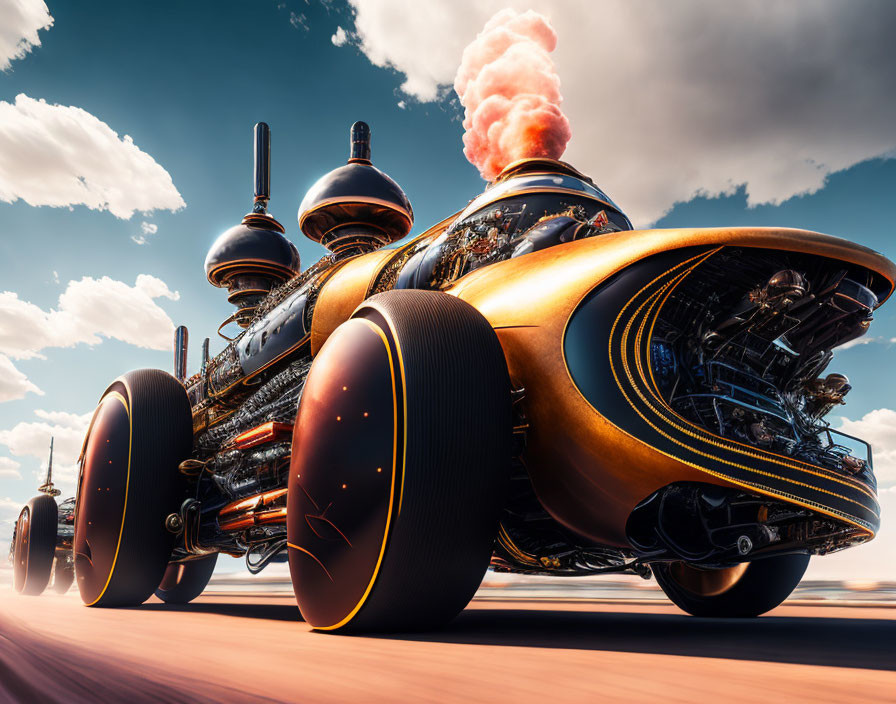 Large-wheeled futuristic vehicle speeds on landscape under blue sky.