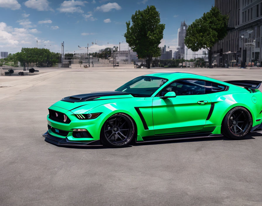 Bright Green Ford Mustang with Black Rims on Empty City Street