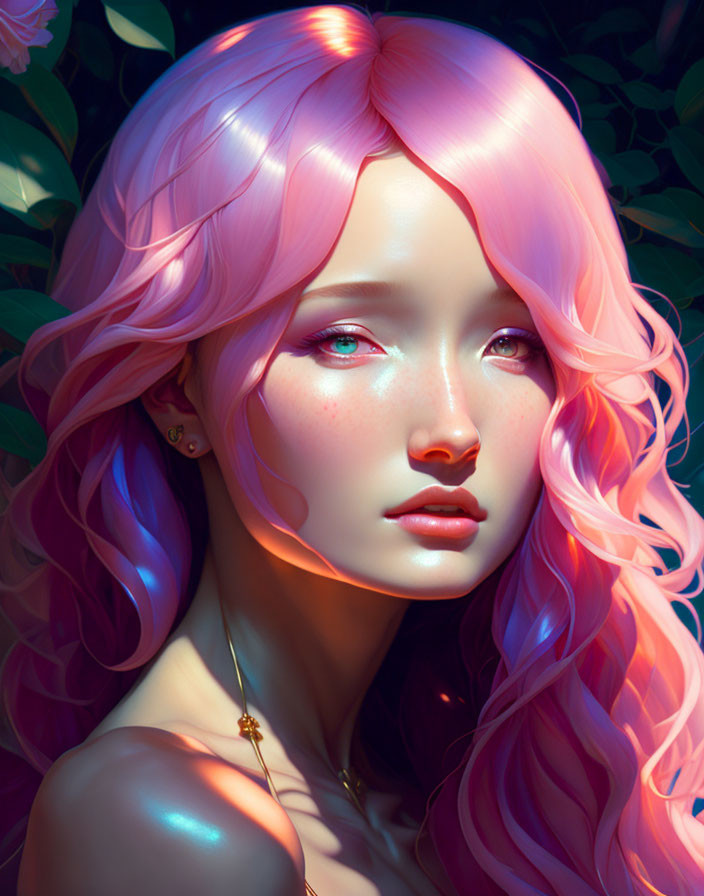 Digital portrait: Young woman with pink hair and blue eyes in green foliage