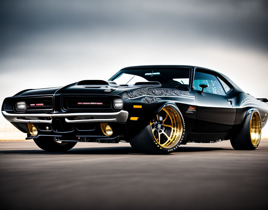 Classic Black Muscle Car with Golden Wheels Parked on Asphalt