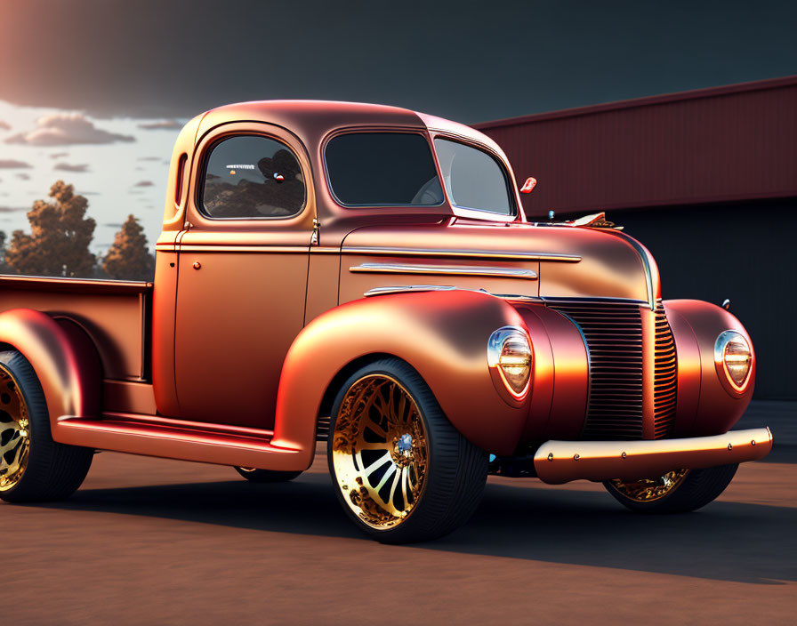 Classic Custom Pickup Truck with Glossy Orange Finish and Chrome Accents