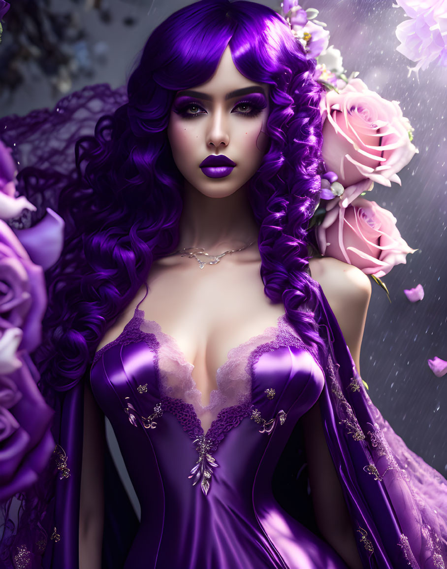 Vivid Purple Hair Woman in Elegant Dress and Floral Background