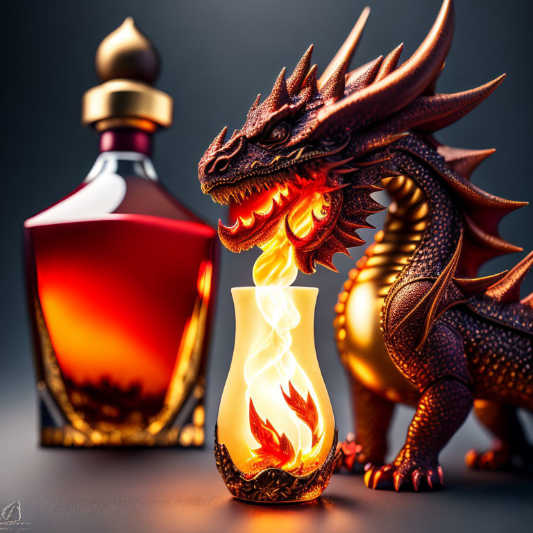 Detailed Fantasy Image: Shimmering Red Dragon with Flame-themed Vase and Bottle