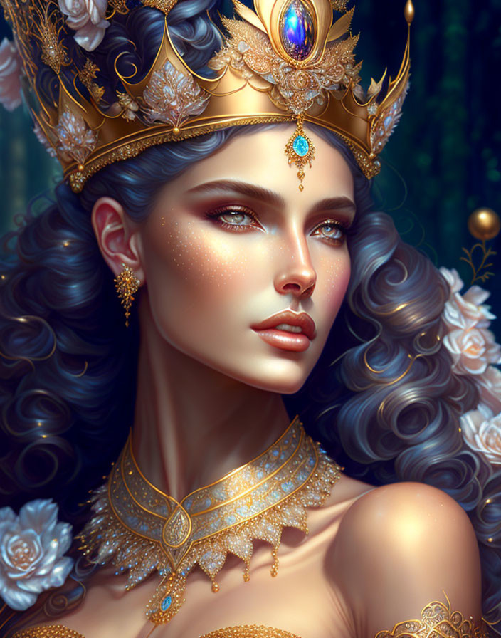 Illustrated queen with blue wavy hair in golden crown and armor against floral backdrop