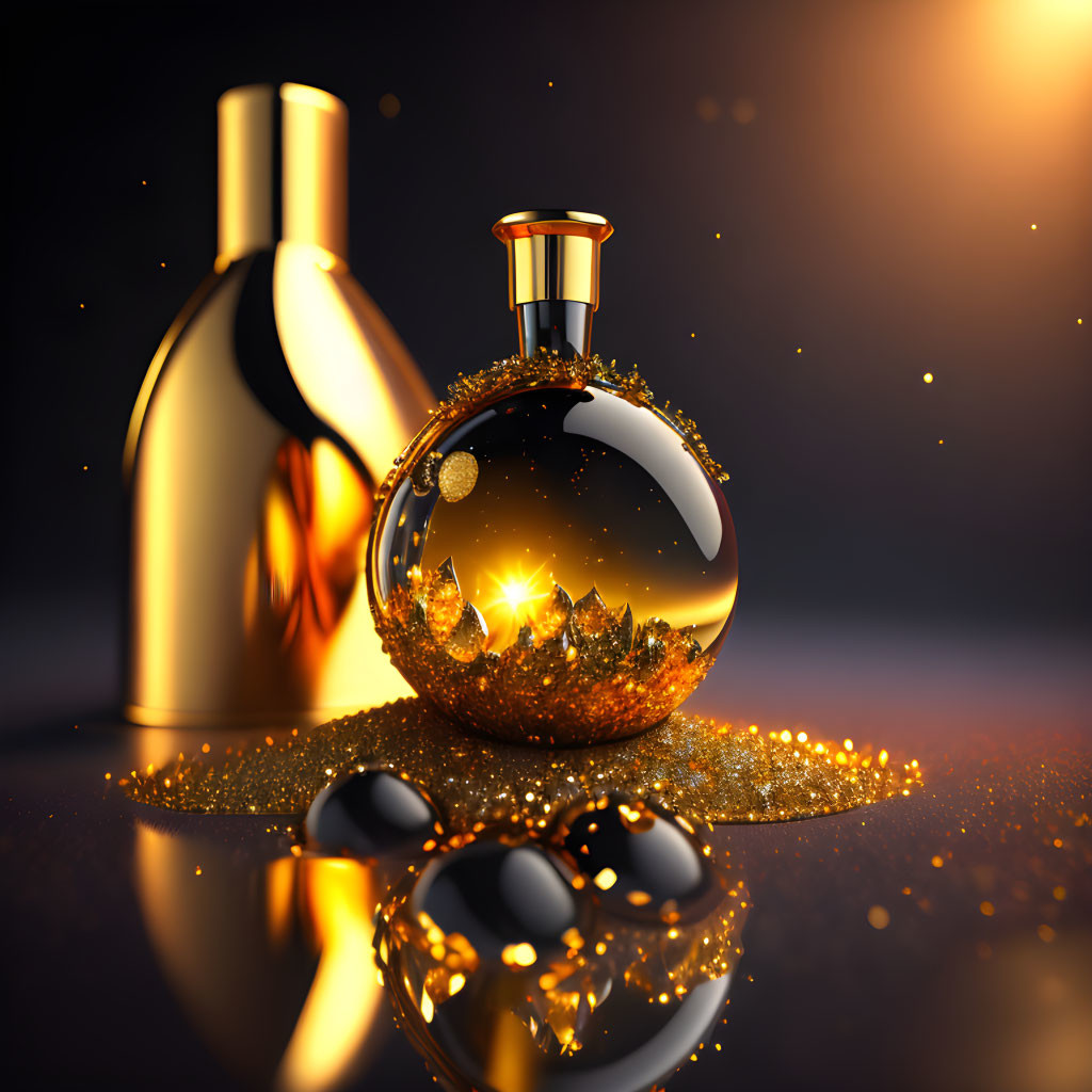 Luxurious Dark Background with Elegant Golden Perfume Bottles