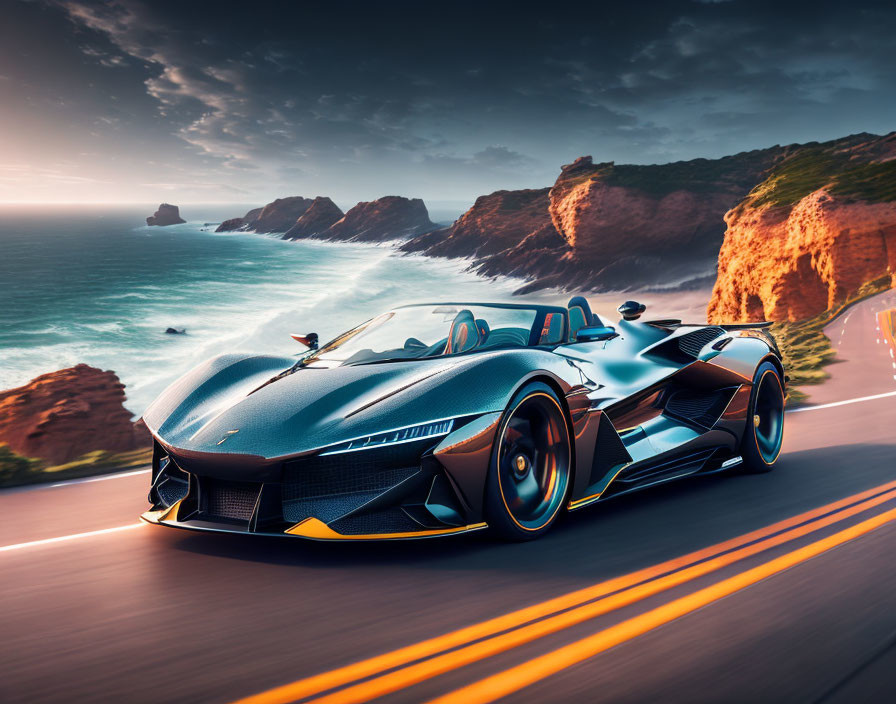 Sleek Sports Car Speeding on Coastal Road at Sunset