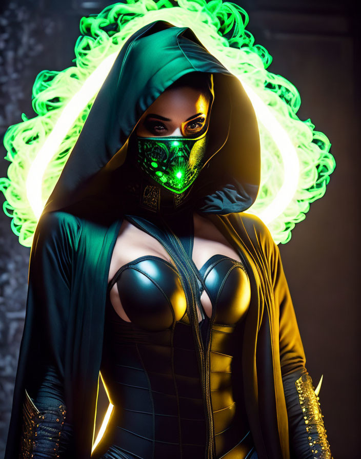 Futuristic woman in hood and mask with neon green halo.