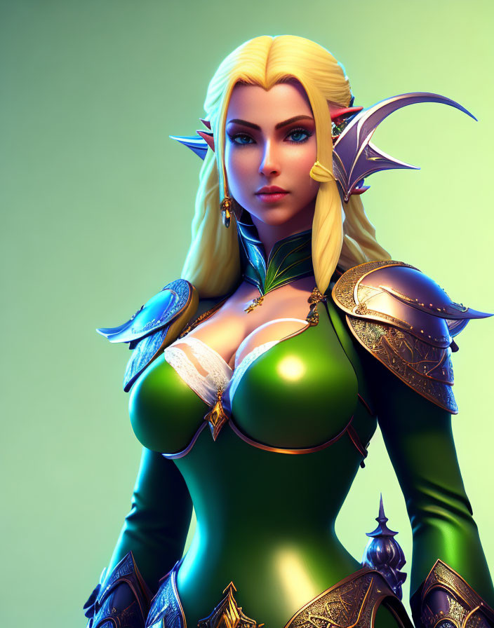 Fantasy female character with blonde hair and green armor in 3D illustration