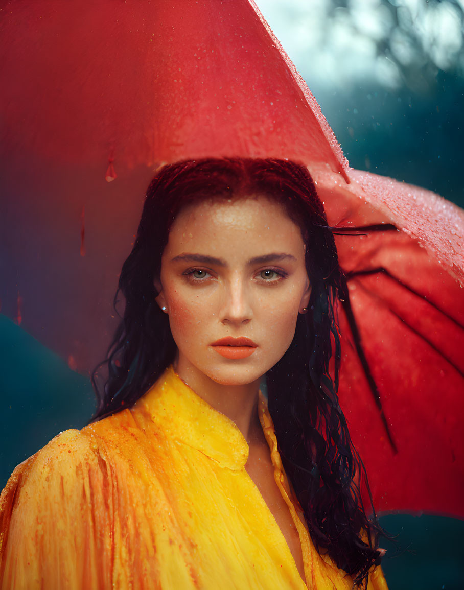 Woman with Wet Hair under Red Umbrella in Yellow Outfit Raindrops and Misty Blue Backdrop