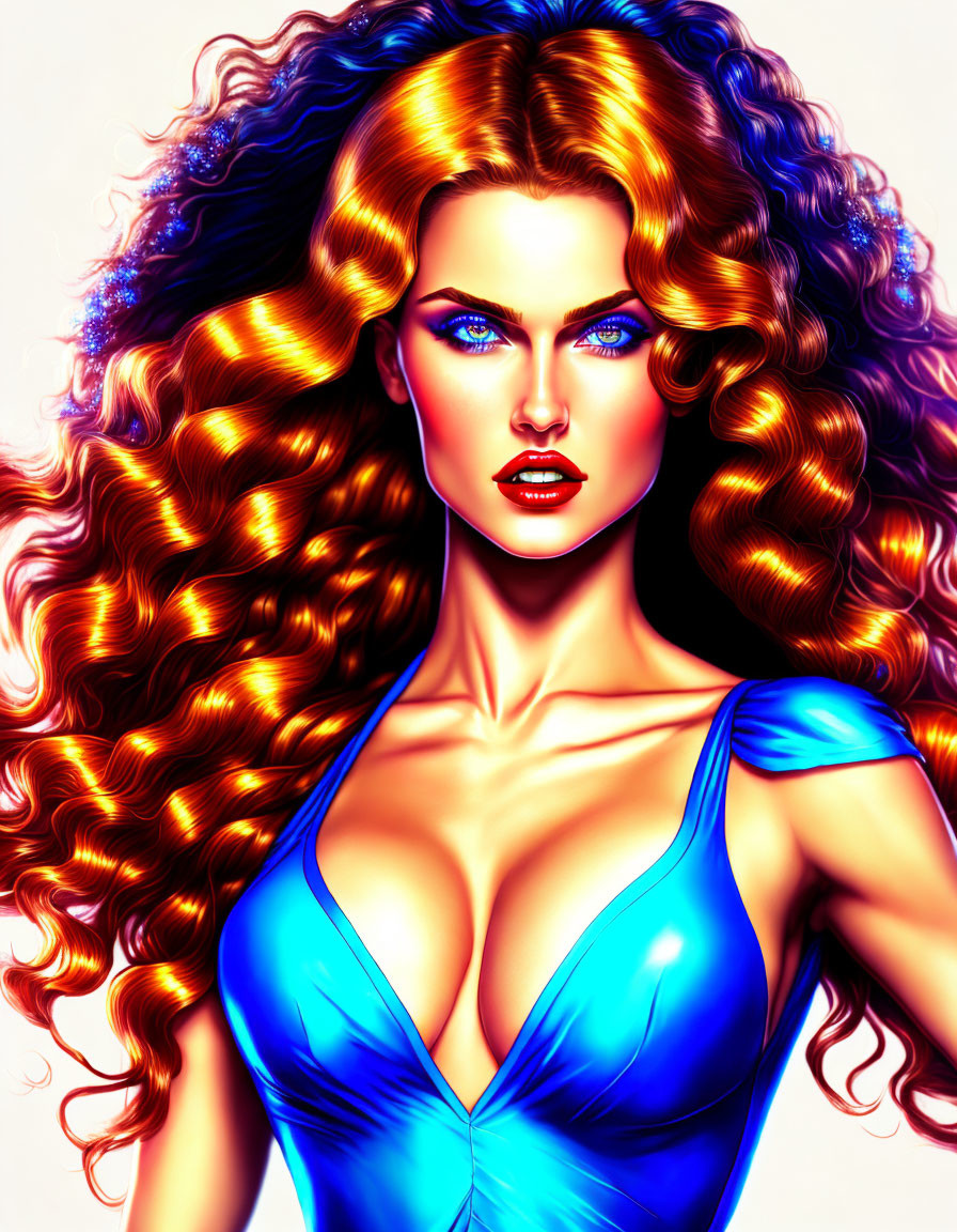 Vibrant illustration: Woman with curly red hair, blue eyes, bold colors.