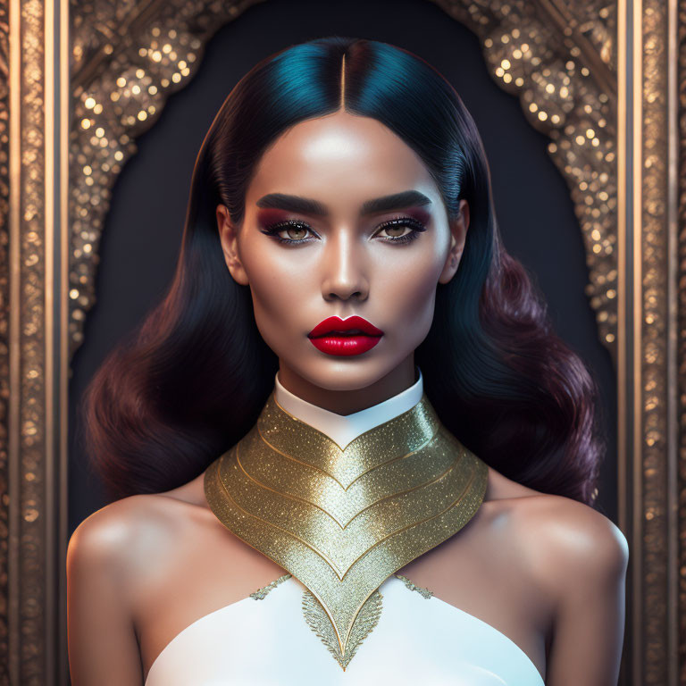 Woman with Striking Makeup and Dark Hair in White Outfit with Gold Choker