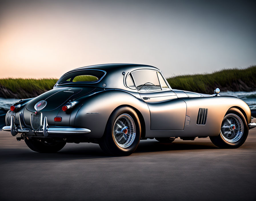 Classic Silver Sports Car with Round Rear Lights and Wire Wheels on Beach at Sunset