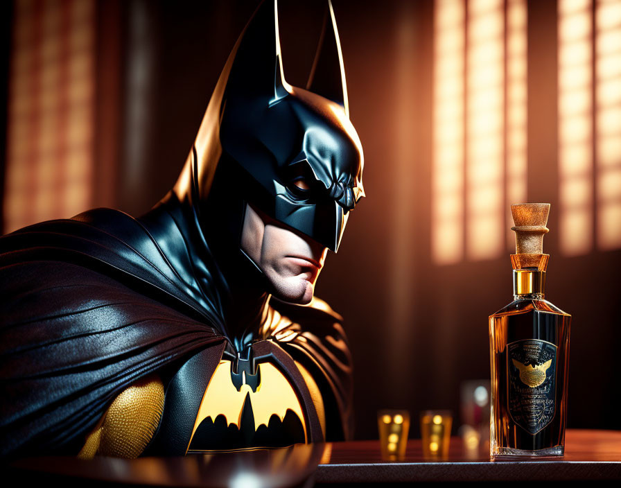 Detailed Batman Figure with Themed Whiskey Set and Window Backdrop