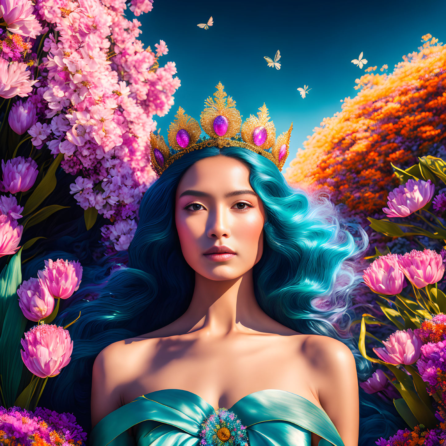 Woman with Blue Hair and Crown Among Colorful Flowers and Butterflies