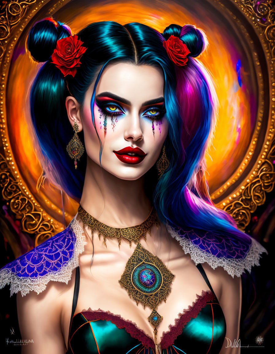 Colorful digital portrait of woman with blue and purple hair and ornate gold jewelry.