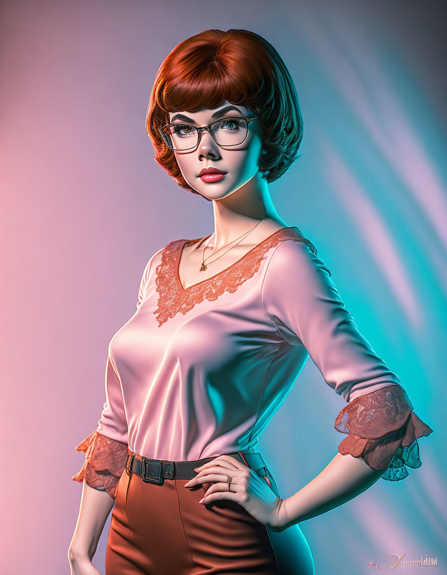 Stylized digital artwork of woman with red hair and retro attire