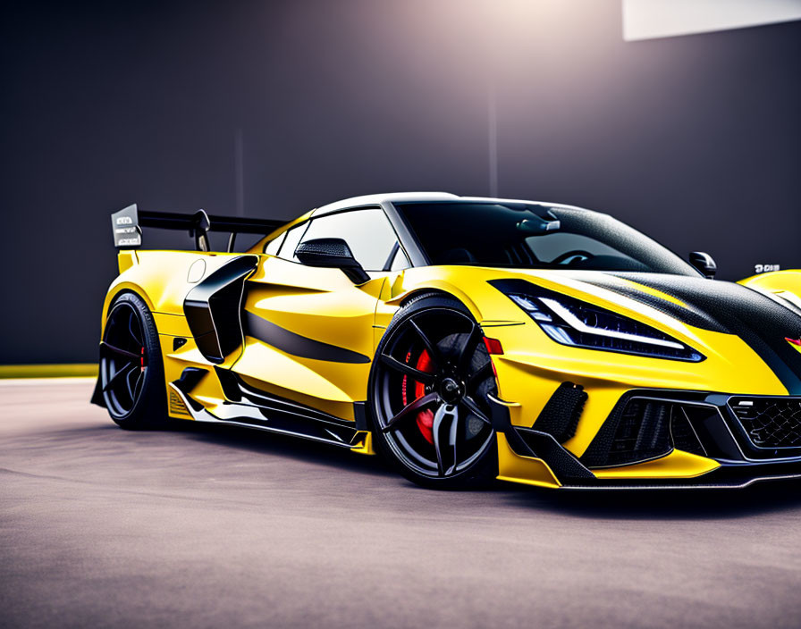 Bright Yellow Sports Car with Aggressive Design and Red Brake Calipers in Showroom