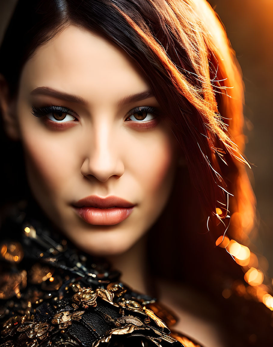 Portrait of Woman with Striking Makeup and Flowing Hair in Bejeweled Black Outfit