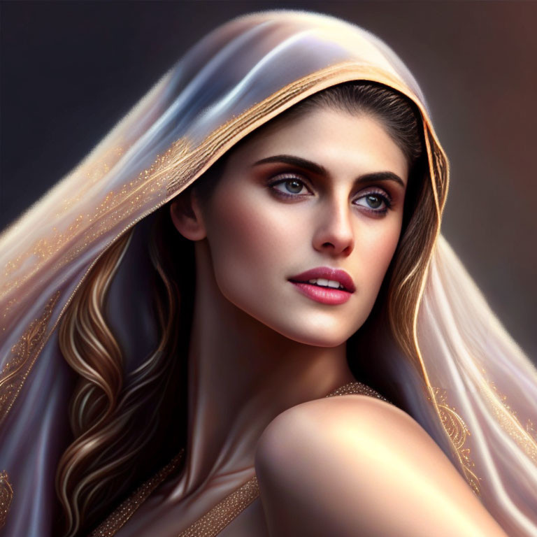 Digital portrait of woman with white veil and gold trim, featuring long wavy hair.