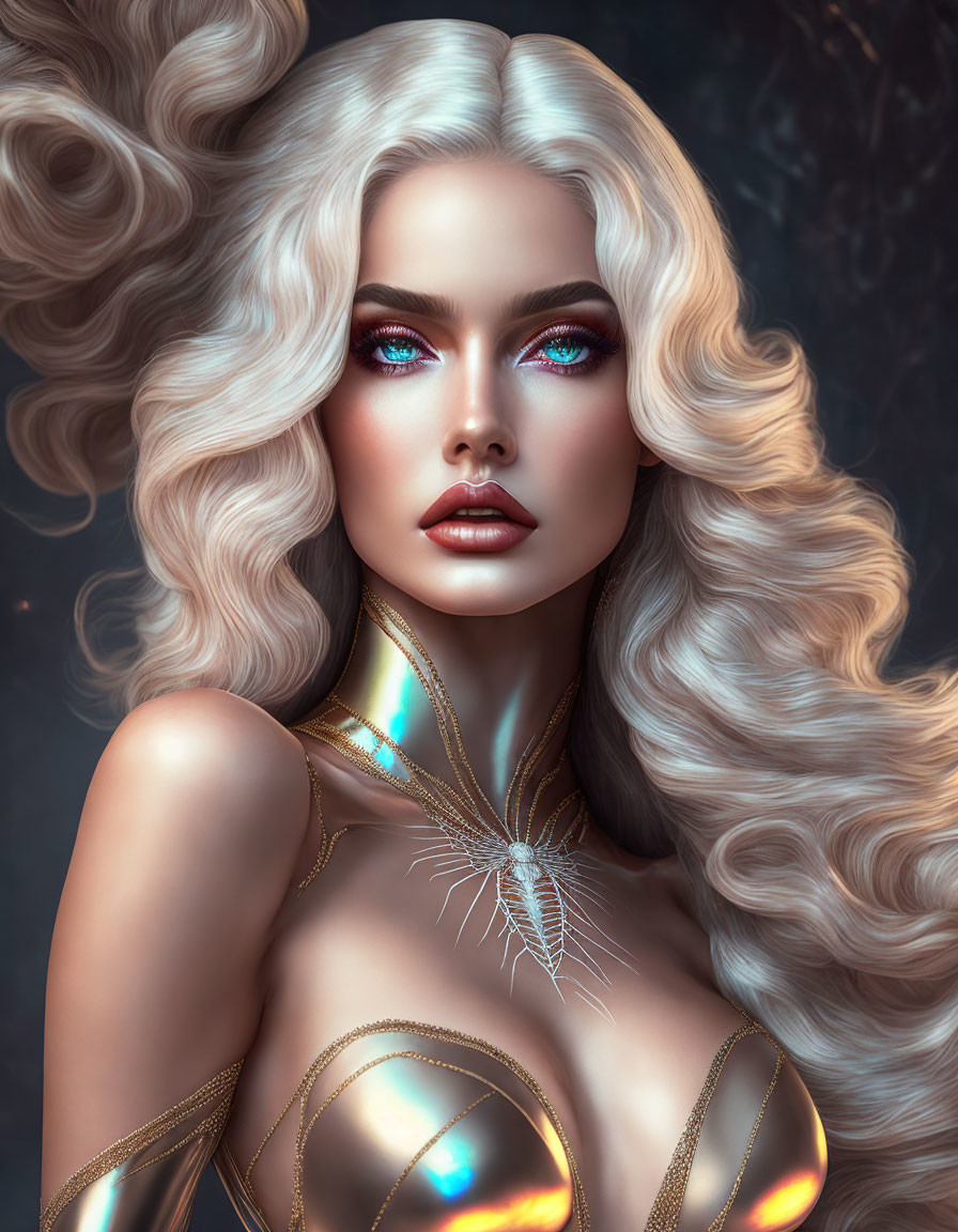 Voluminous wavy white hair woman portrait with blue eyes and fantasy makeup.