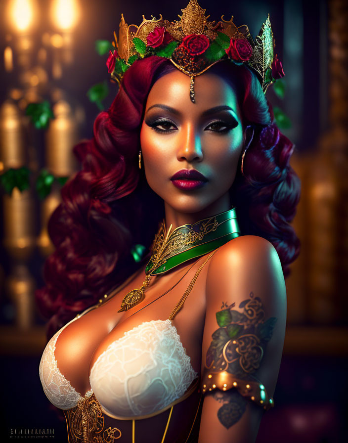 Regal woman with ornate crown, tattoos, and elegant jewelry